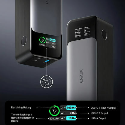 Anker 737 External Battery, 24000mAh, 140W, QC + PD, 1 x USB-A - 2 x USB-C, Black A1289011 
