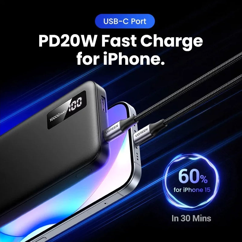 UGREEN PB311 Εξωτερική μπαταρία, 10000mAh, 22,5W, QC + PD, 1 x USB-C - 2 x USB-A, Μαύρο