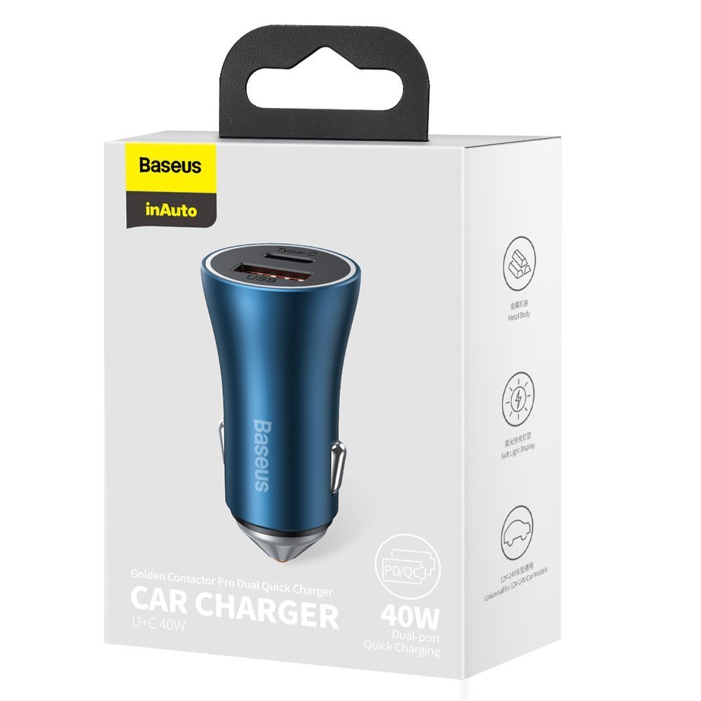 Car Charger Baseus Golden Contactor Pro, 40W, 3A, 1 x USB-A - 1 x USB-C, Blue CCJD-03 